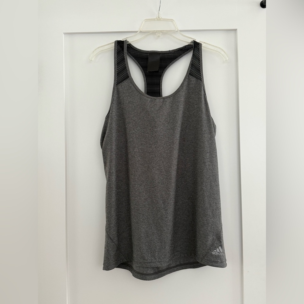Adidas heather gray + black racerback athletic tank top